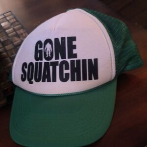 Green and White Trucker Hat Gone Squatchin. Big foot Hat